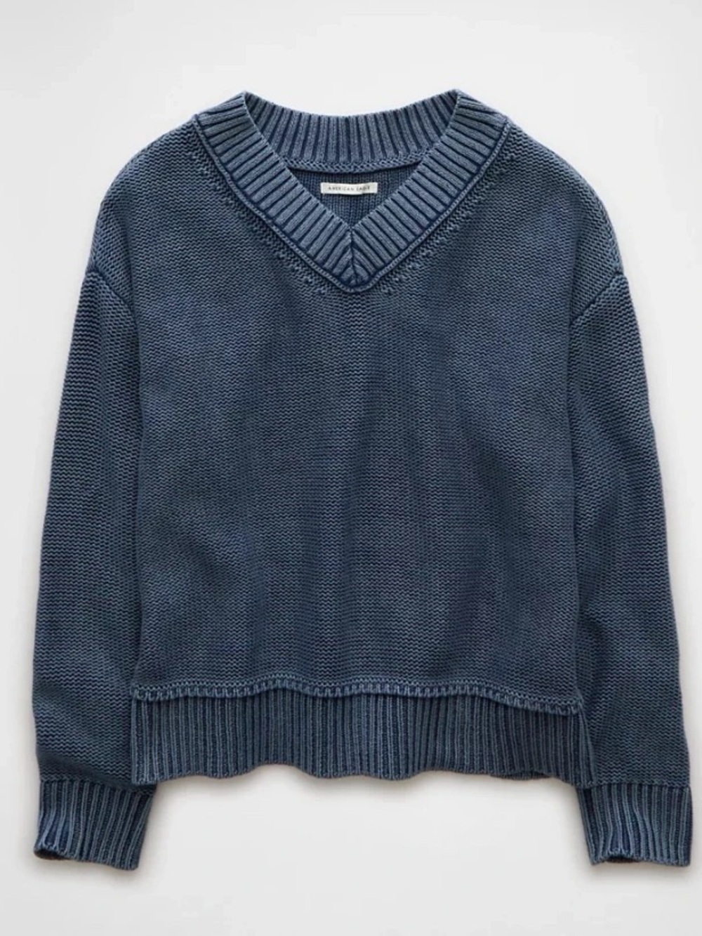 American Eagle Blue Washed Cotton Knit V-Neck Sweater Oversized Medium M